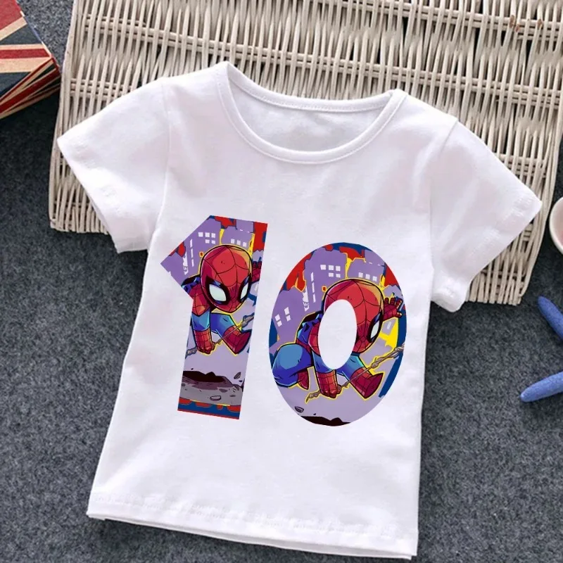 

Детская футболка с изображением Человека-паука, футболка с номерами от 1 до 10 на день рождения, футболка Marvel, детская милая повседневная одежда с героями мультфильмов, футболка с изображением супергероя