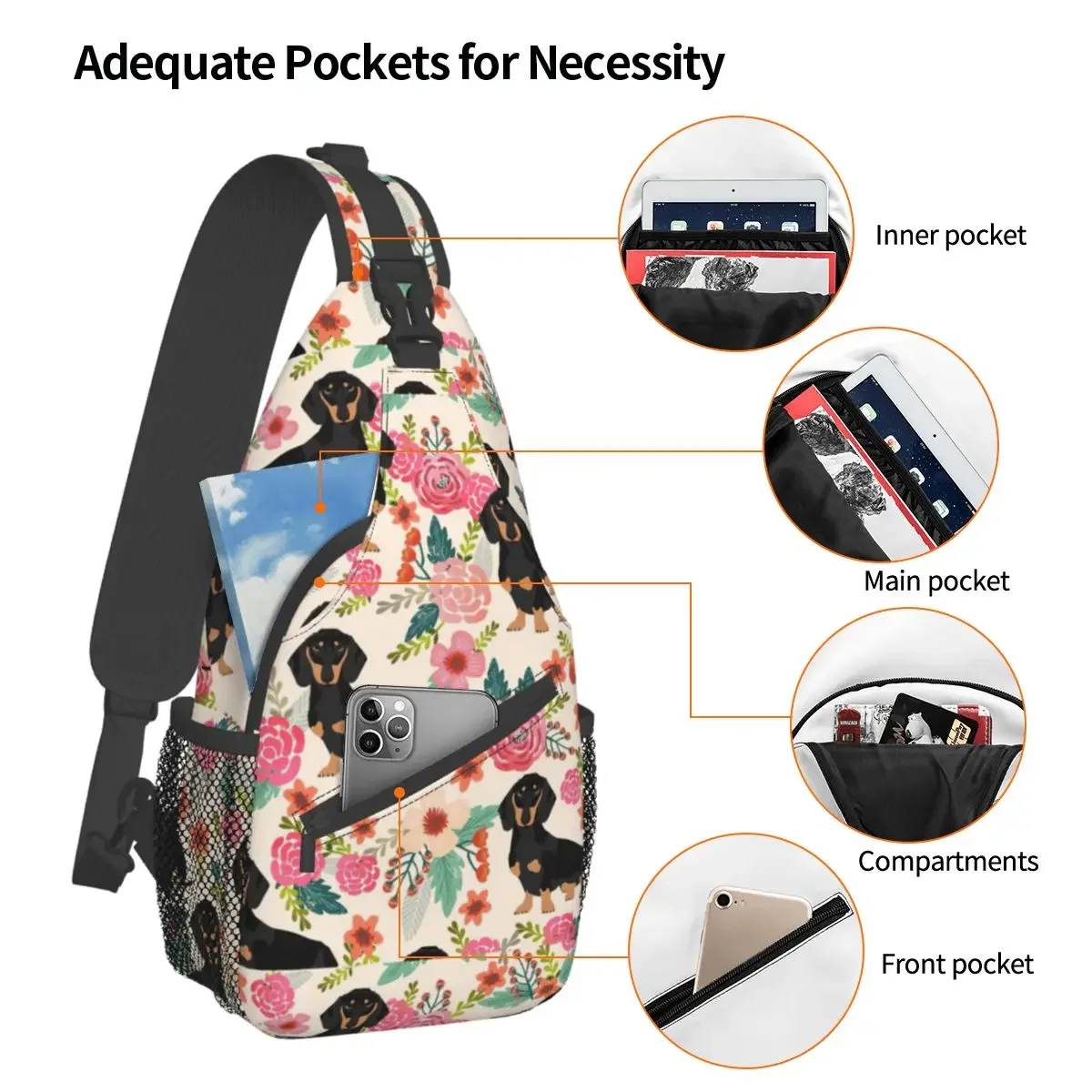 Floral Dachshund Dog Sling Bag, Mochila de ombro crossbody peito, Mochilas esportivas ao ar livre, Animal Cartoon Satchel Fashion