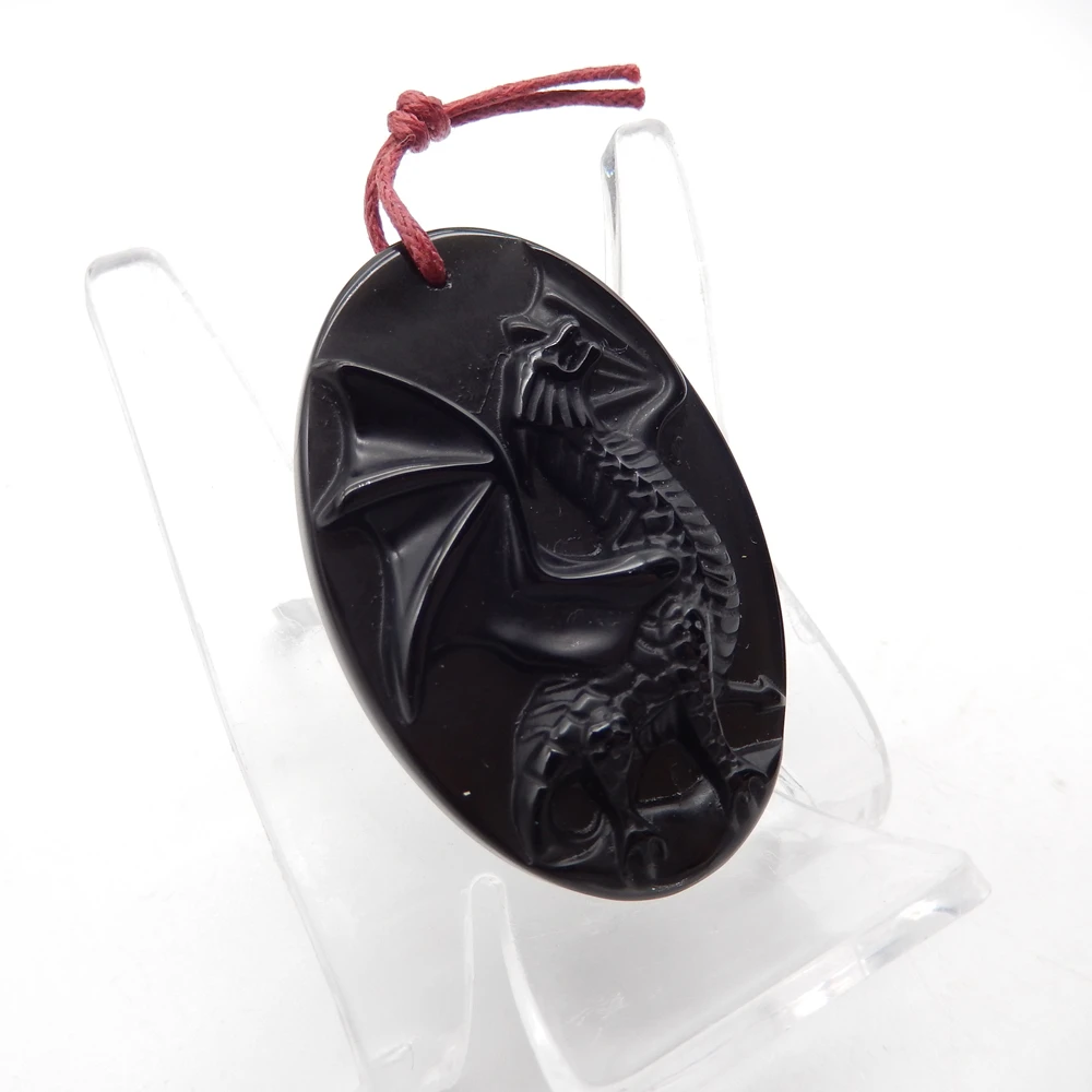 Natural Obsidian Hand Carved Dragon  Pendant Bead ,Semiprecious Fashion Jewelry Necklace Accessories