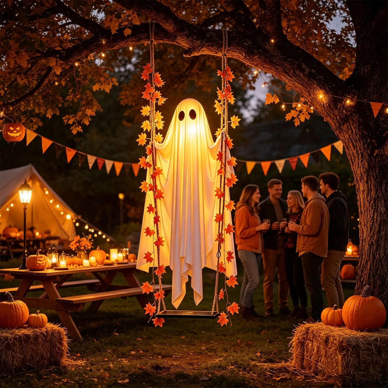 Swinging Ghost Light Up Spooky Ornaments with Remote Control Ghost Halloween Decor for Indoor Outdoor Front Porch Tree Yard