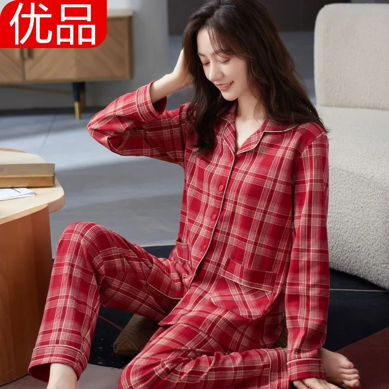 100% de algodón puro de manga larga a cuadros para el hogar, ropa de dormir ligera para primavera y otoño para mujer, cómoda y transpirable para ocio