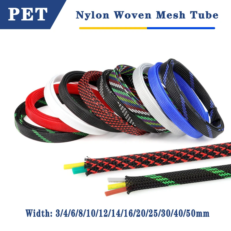 1-5M 3mm - 50mm Multicolor PET Insulated Braid Sleeving Expandable Wire Cable Sheath Flame-retardant Nylon Braided Mesh Tube DIY