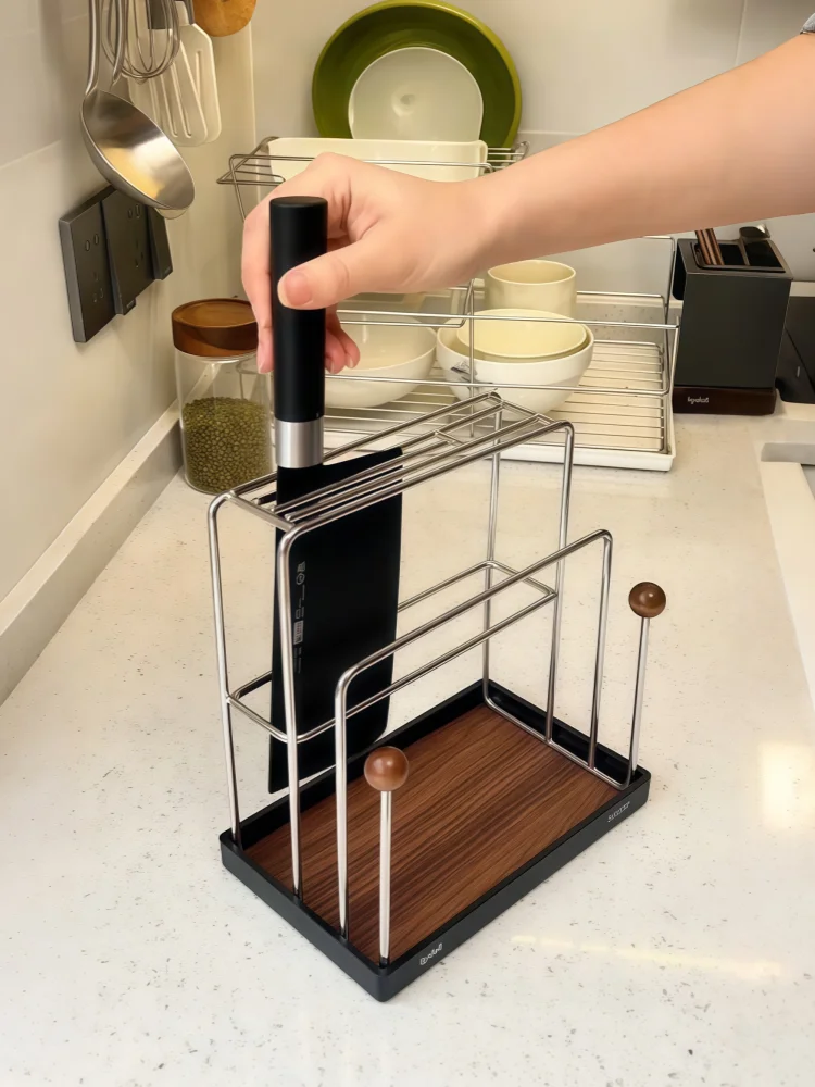 

Многофункциональная подставка для кухонных ножей и разделочных досок с интегрированной рабочей поверхностью, большой емкости, из нержавеющей стали