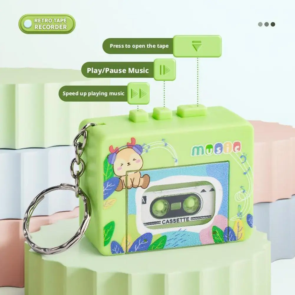 Mini Retro Cassette Player Keychain Charm Fun Music Box Decoration Tape Car Keyring Creative Children Backpack Pendant Gifts
