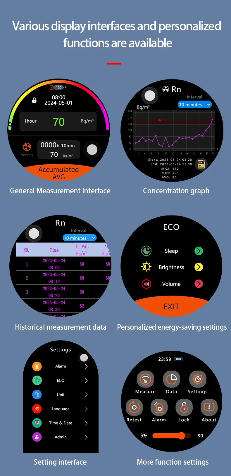 AIKESI RM-75 كاشف الراديون مع شاشة تعمل باللمس مستشعر إنذار الأيونات النبضية مراقبة جودة الهواء المنزلي كاشفات الغاز الذكية