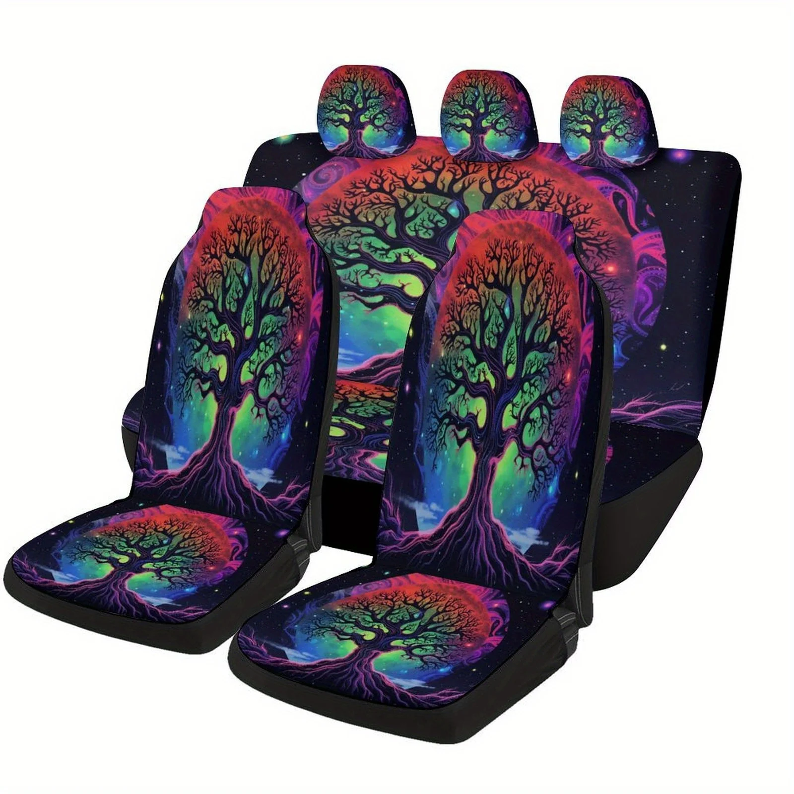 Set Of Car Seat Covers Featuring A Bohemian Tree Of Life Mandala Design, Suitable For Various Vehicles. This Full Set Includes P
