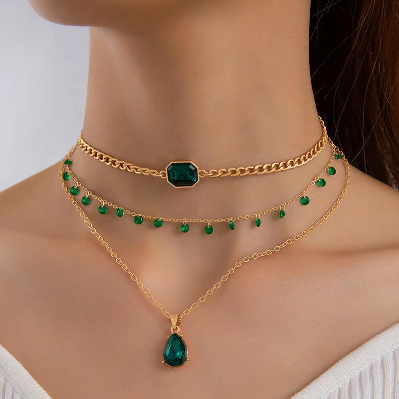 Tocona Classic Luxury Green Crystal Stone Layered Necklace for Women Temperament Alloy Metal Ajustable Jewelry Collar 24595