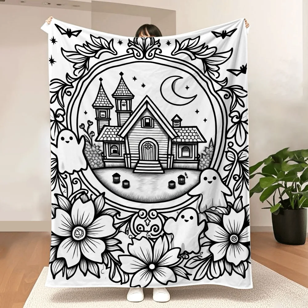1PC Haunted House Print Portable Blanket that can doodle your own colors. Great for travel, camping, living rooms, offices, sofa