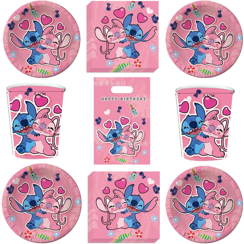 

Disney Stitch Theme Gifts Bags Happy Birthday Party Dishes Napkins Plates Cups Decorations Tableware Set Towel Dishes 80pcs/lot