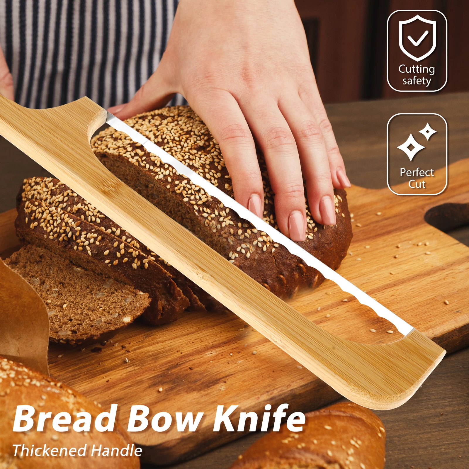 2 Pcs Bread Bow Knife with Stainless Steel Serrated Blade and Ergonomic Wood Handle Multifunctional Sourdough Cutter