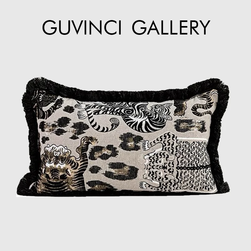GUVINCI Charcoal Bengal Tiger Jacquard-Woven Lumbar Pillow Cover 30x50cm Luxury Decorative Cushion Case With Black Fringe Trim