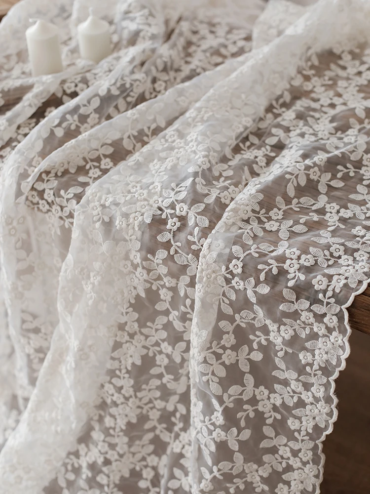 Beige Floral Embroidery Organza Fabric for Wedding Dress Curtain Lace Decoration By The Meter