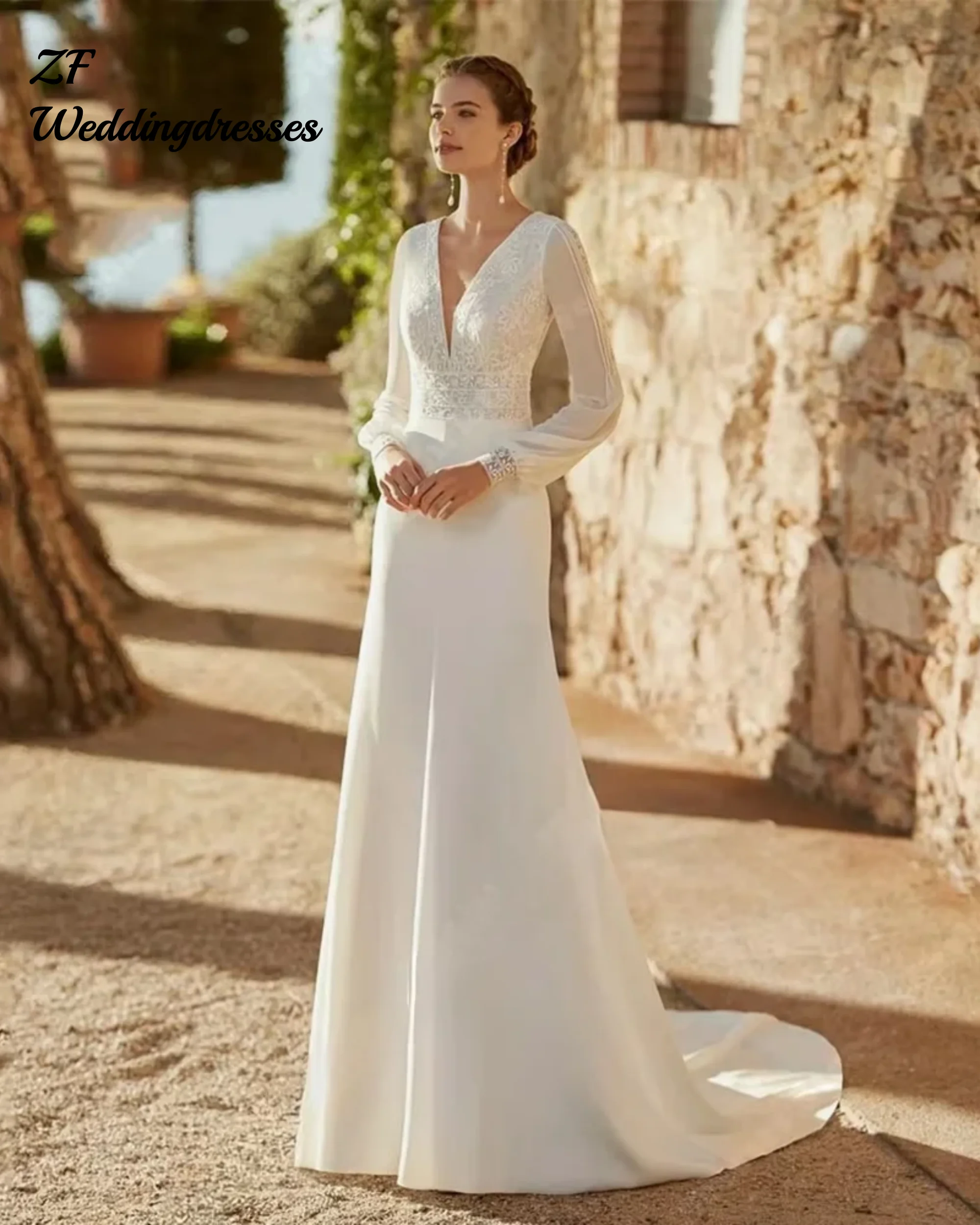 Customzied Deep-V Long Sleeves Women Wedding Dresses Mermaid Bridal Gowns Mopping Length Princess Vestido De Noivas