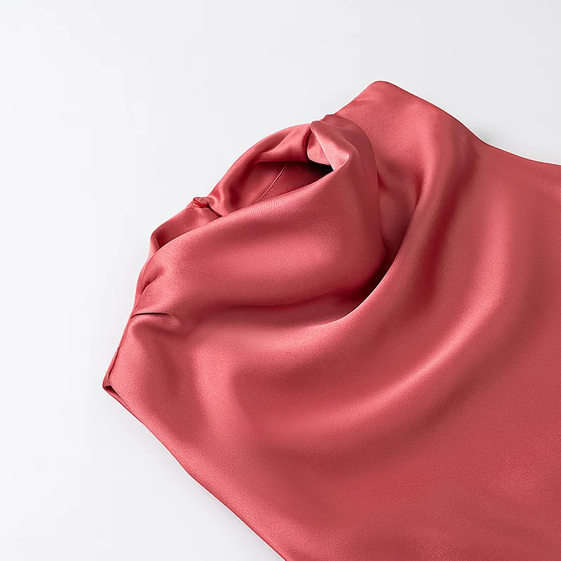 エレガントなシルクサテン素材のミディドレス JNLEAOG レディースファッションデザインセンス秋の新スタイルエレガントなピュアカラーウエストデザイン