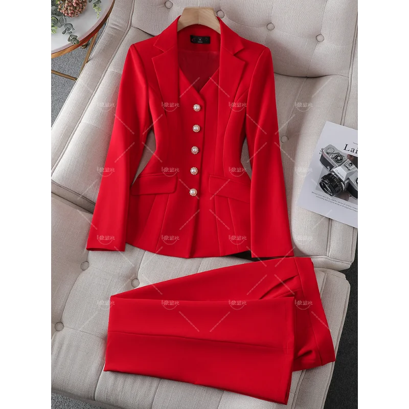 

Fashion White Red Black Blazer Jacket And Pant Suit Trousers Women Female Office Ladies Work Wear Formal 2 Piece Set