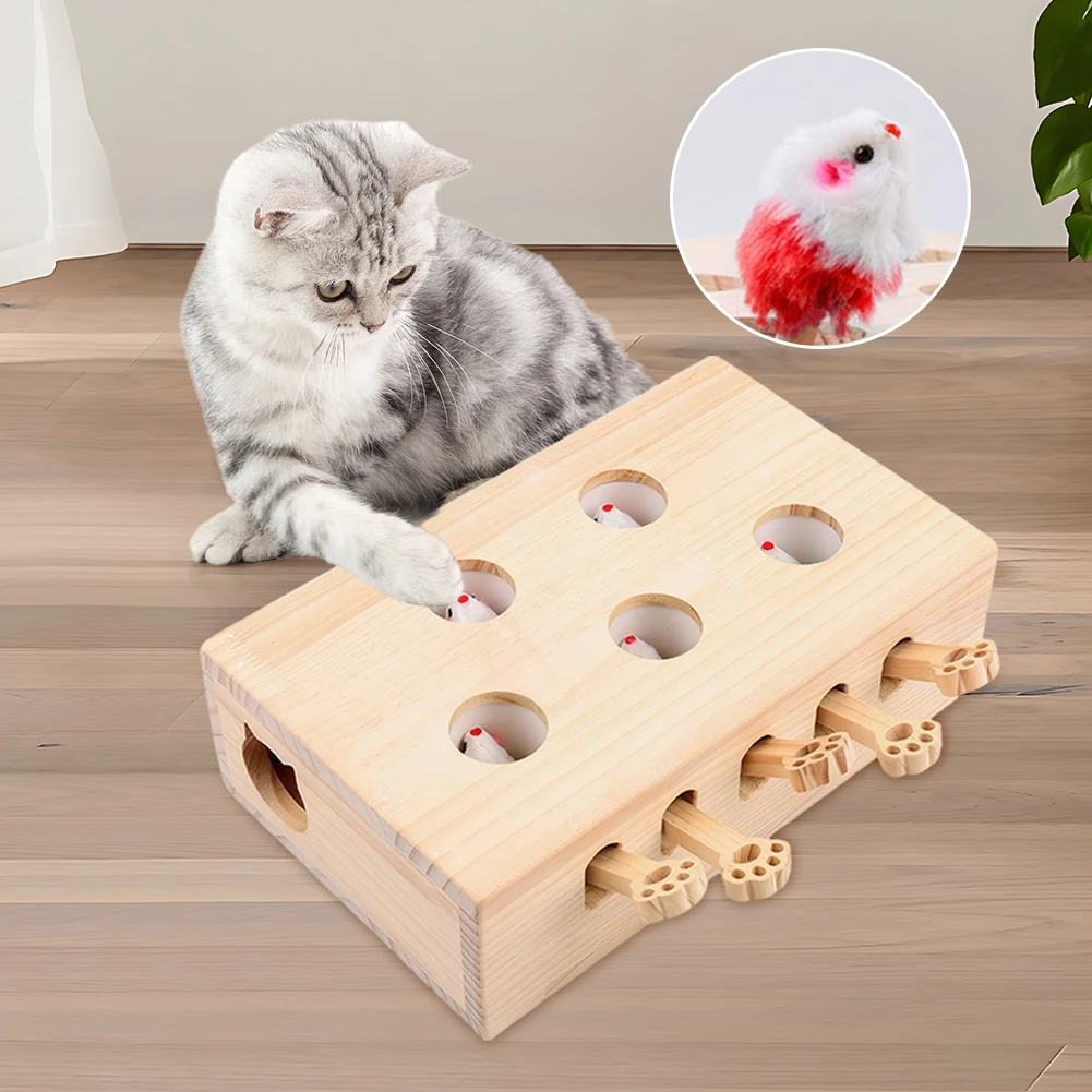 

Wooden Cat Toy Interactive Cat Whack-A-Mole Mouse Wooden Brain-Teaser Box Cat Enrichment Toys for Indoor Cats & Kittens Playing