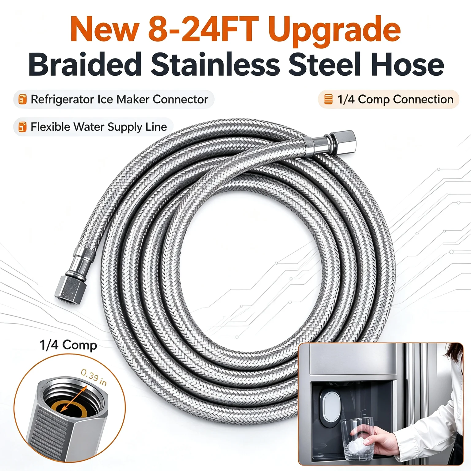 New 8-24FT Upgrade Braided Stainless Steel Hose Refrigerator Ice Maker Connector 1/4 Comp Flexible Connection