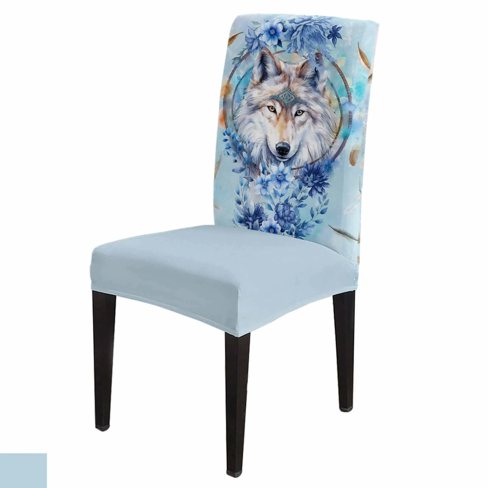 Watercolor Wolf Flower Feather Dining Chair Covers Spandex Stretch Seat Cover for Wedding Kitchen Banquet Party Seat Case