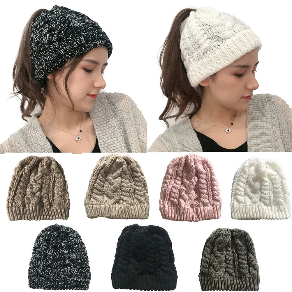 White Knitted Ponytail Beanie Hat for Women One Size Warm Winter Autumn Fashion Messy Bun Beanies Outdoor Travel Gift