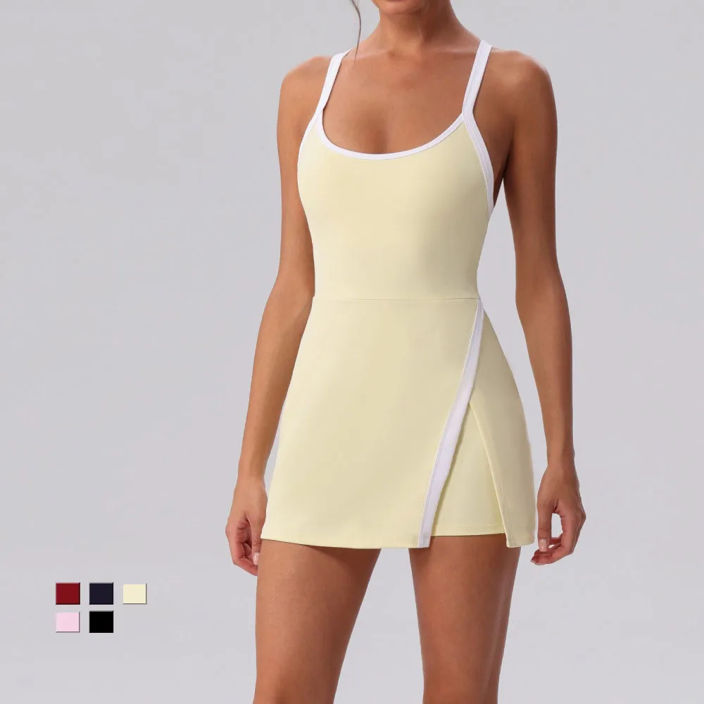 

Модное облегающее спортивное платье с открытой спиной, теннисная юбка с перьевым декором, комбинезон для йоги и тренировок со встроенным бюстгальтером