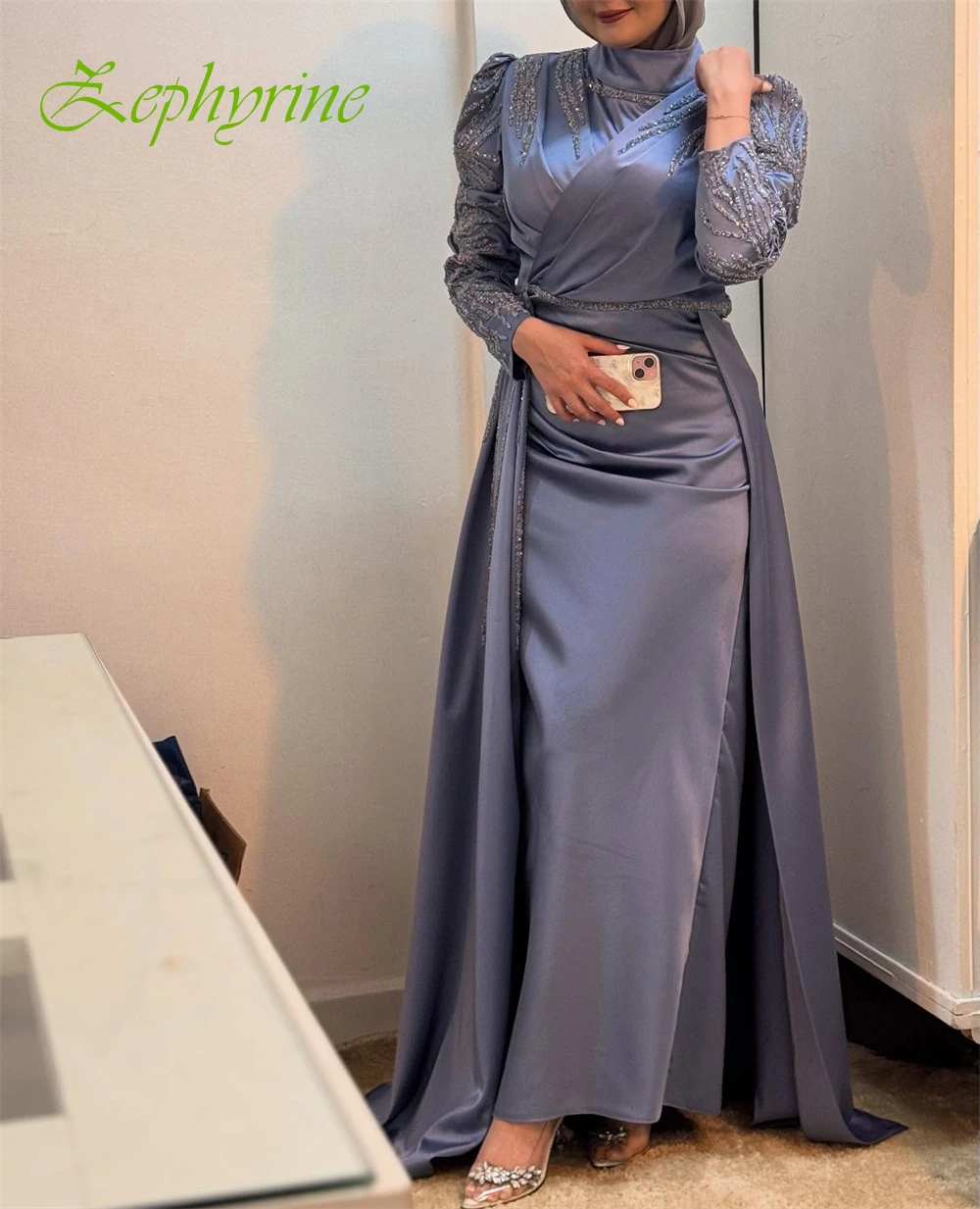 فستان سهرة مخصص بياقة عالية وأكمام طويلة من الساتان على شكل حرف A، فساتين رائعة للمناسبات الخاصة بطول الكاحل للحفلات الراقصة