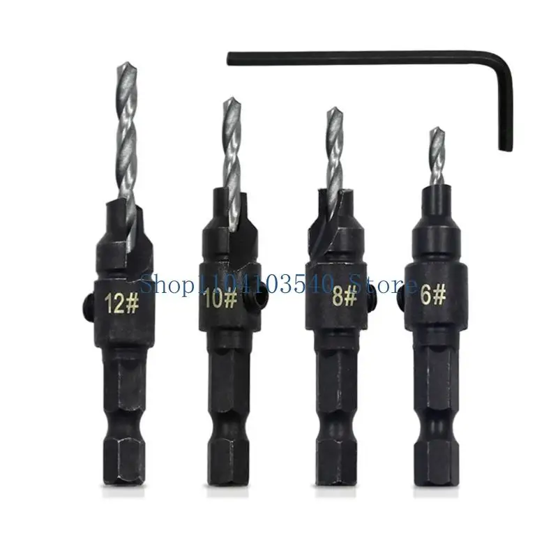 02DC 4Pcs 1/4inch Shank Adjustable Countersink Drill Bit Set Replaceable Drill