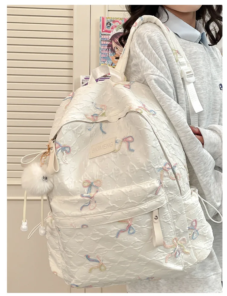 Colorful Bow Full Print Ruched Fabric Backpack Four Colors Available Large Capacity Girls Junior High High School School Bag