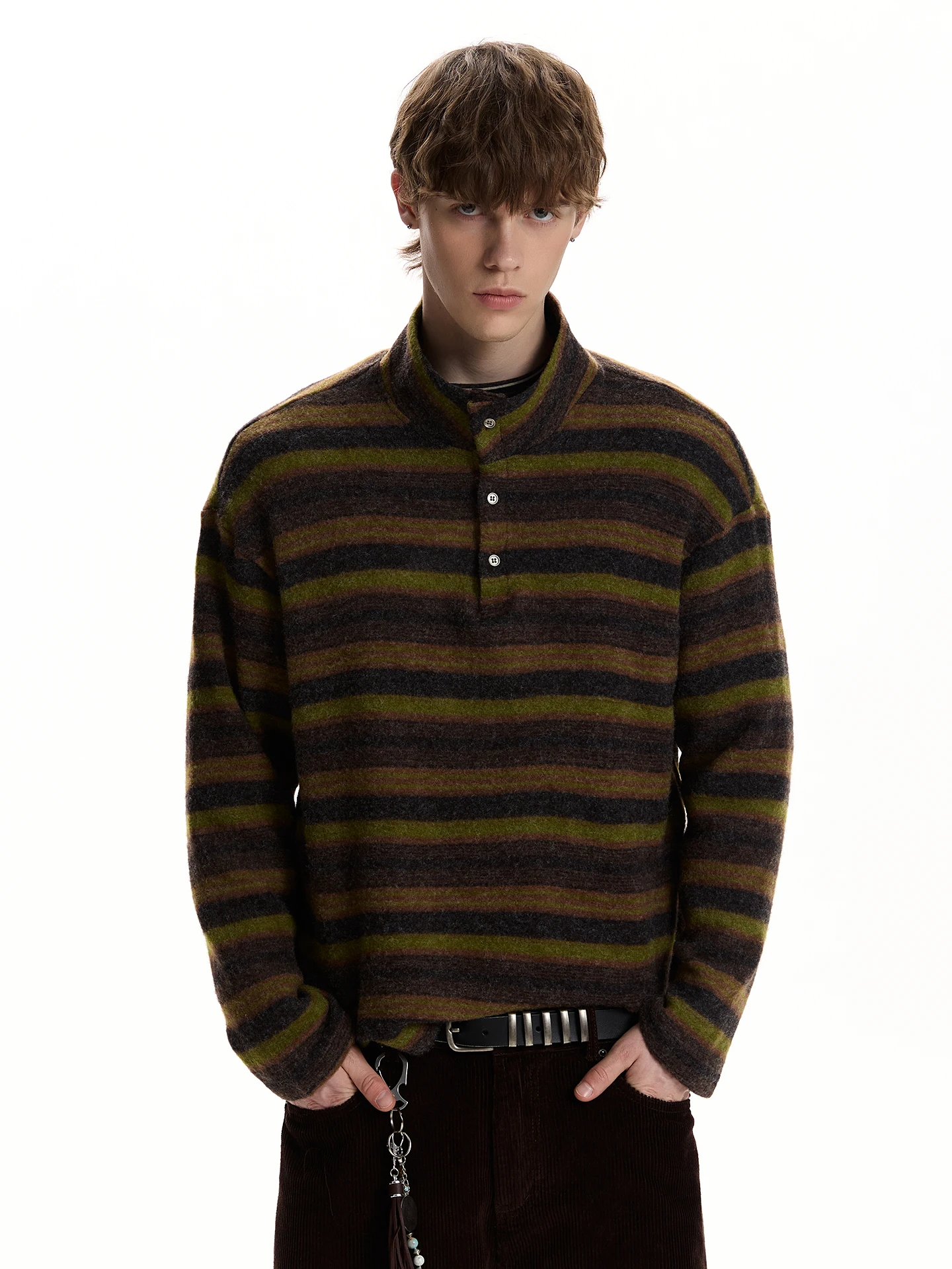

American Retro Striped Loose Casual Soft Knitted Sweater f High Collar Ci Walk Campus Daily Commute op Street Sle