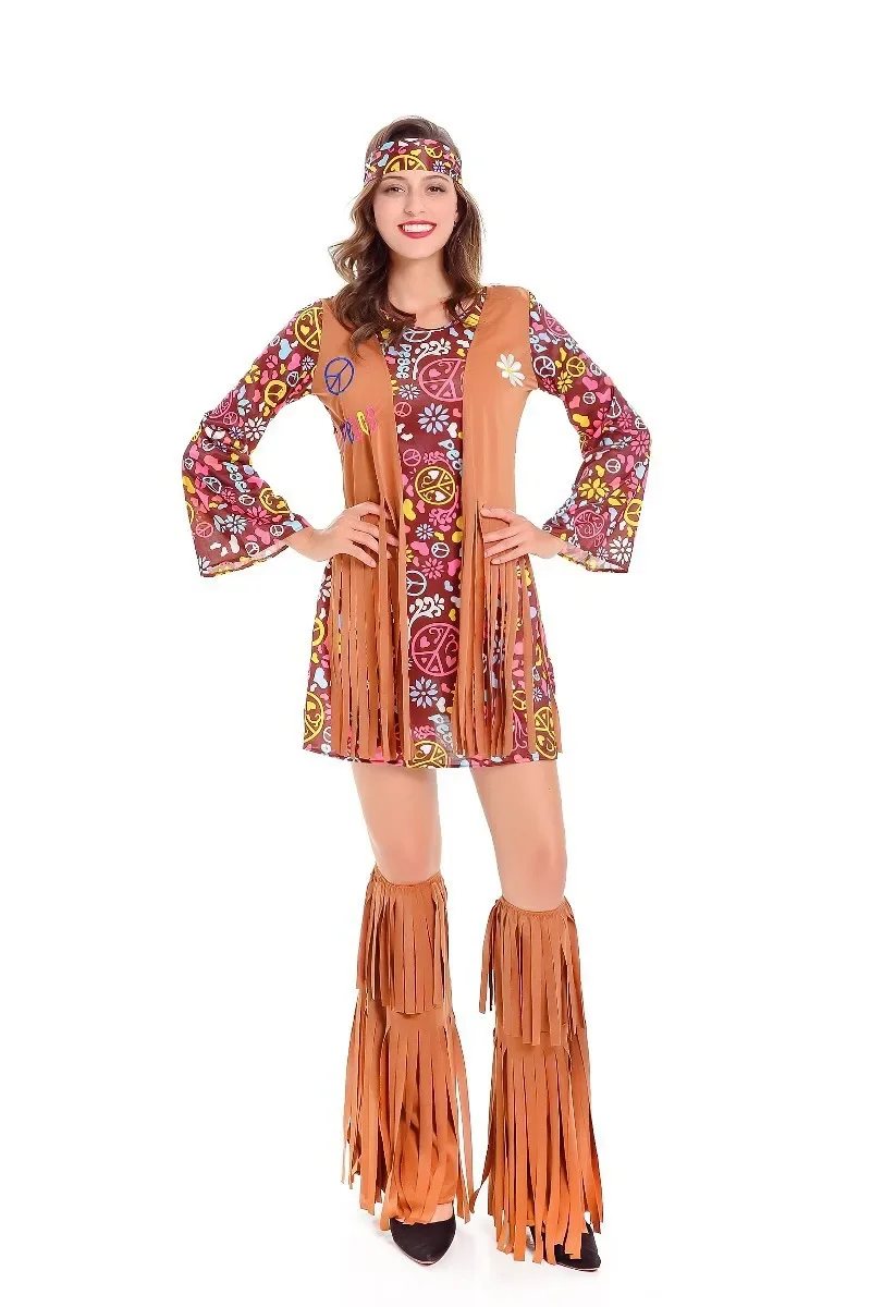 Disfraz de hippie para juegos de rol, disfraz de paz y amor para mujer, fiesta de chicas, borlas, accesorios para actuaciones hippies
