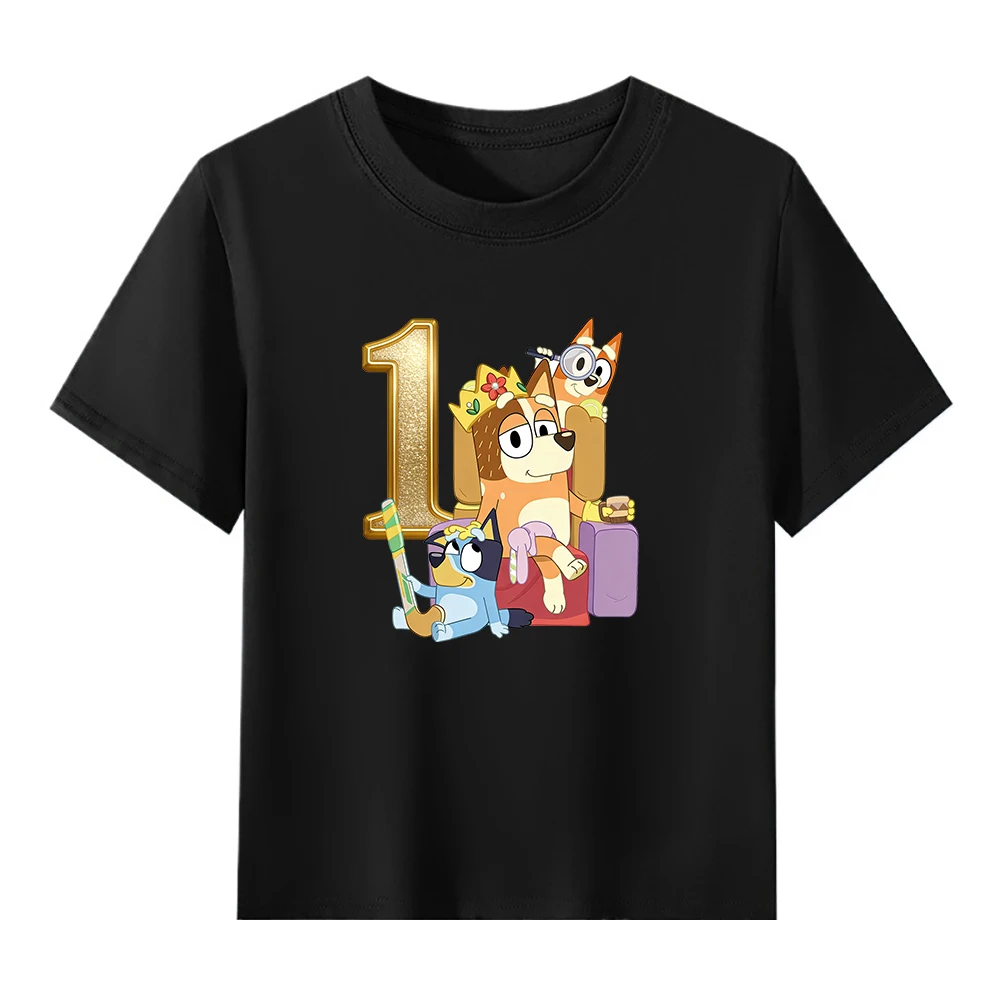 

Футболка детская Bluey, черная, с коротким рукавом, круглым вырезом, 100% хлопок, серия «Цифры», для детей 1-9 лет, летняя, на день рождения