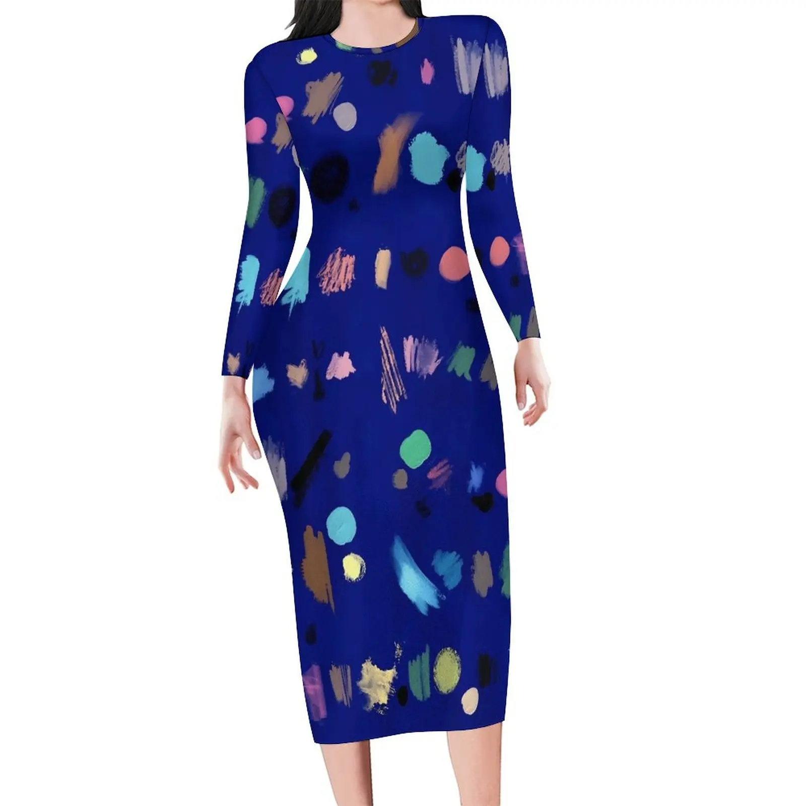 Brush Print Bodycon Dress Woman Colorful Abstract Stylish Dresses Spring Long Sleeve Korean Fashion Pattern Dress Large Size 6XL