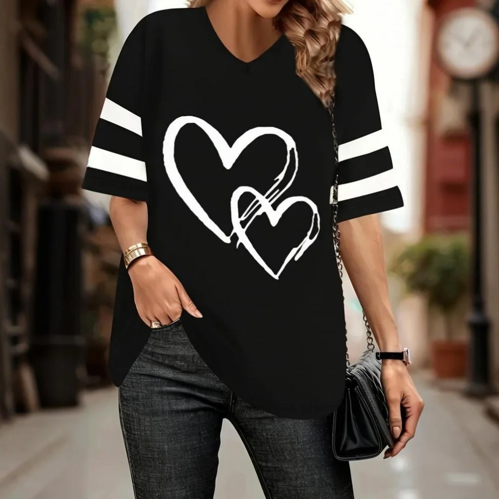

Fashions Women's T-Shirt 3d Geometric Heart-Shaped Pattern Tops Summer V-Neck Short Sleeve Loose Pullover Female Casual Tshirt
