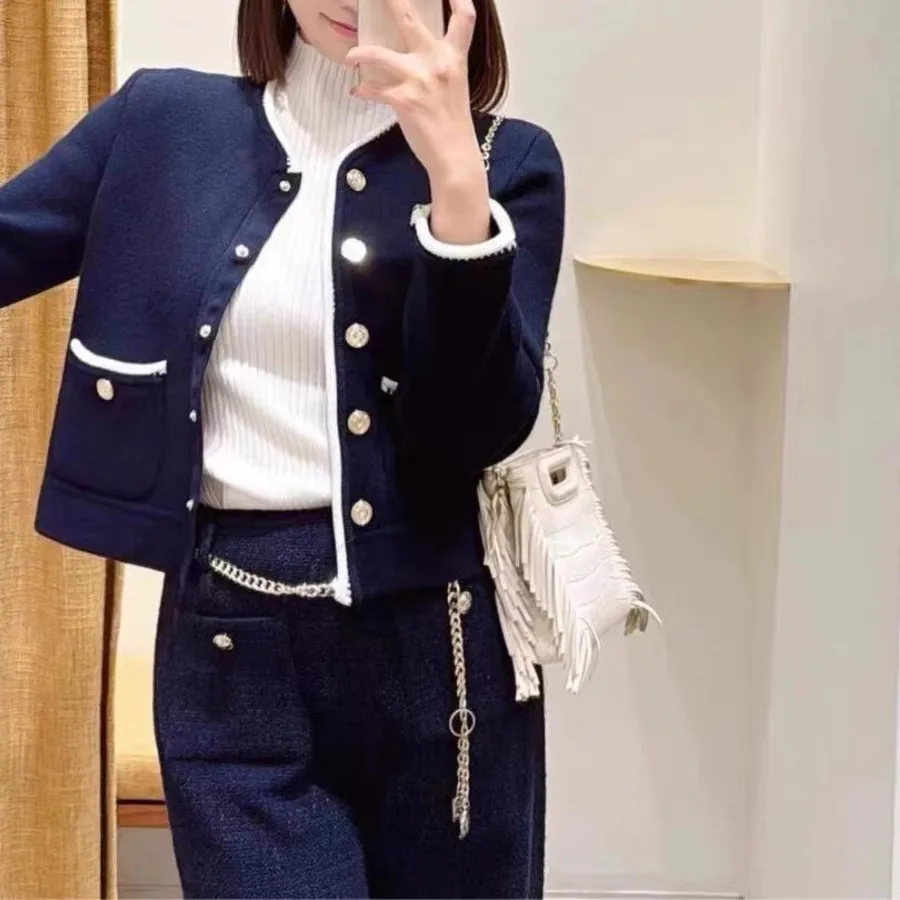 High-End Diepblauwe Gebreide Wrap Dr Round Ne Long Sve Casual Gebreide Rer Fem Faion Bovenkleding Lemon Boy