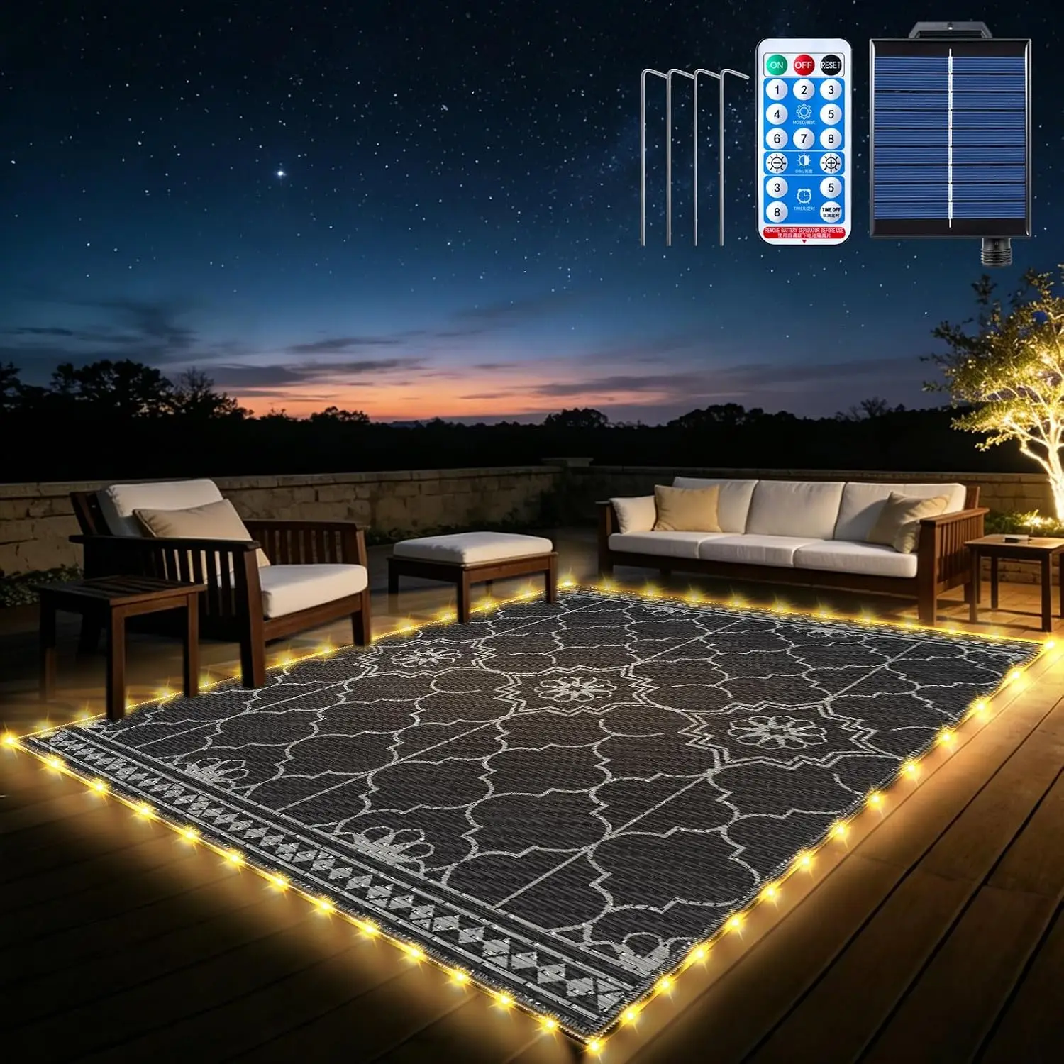 9x12Ft Outdoor Rug, Solar Powered Outdoor Rug with 131LEDs Strip Lights for House Deck, Waterproof Plastic Reversible Outdoor St