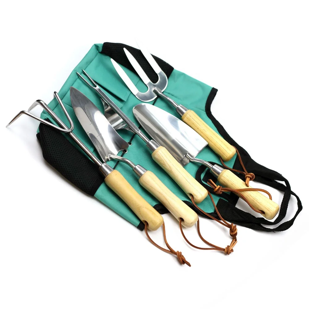6pcs stainless steel material garden set tools with wooden handle and canvas bag