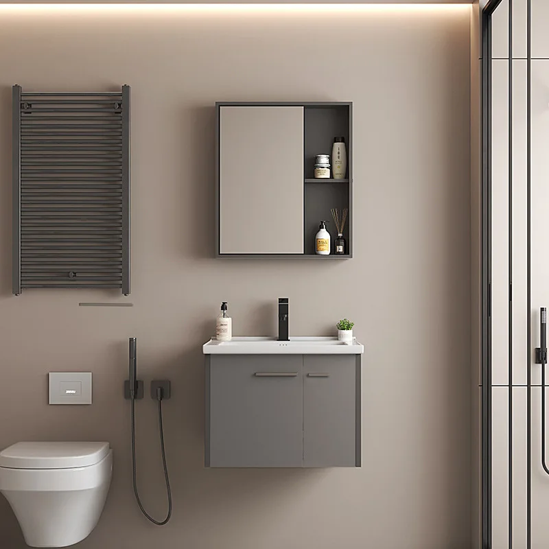 

Stainless steel bathroom cabinet combination bathroom rock slab ceramic integrated wash basin defogging mirror storage cabinet
