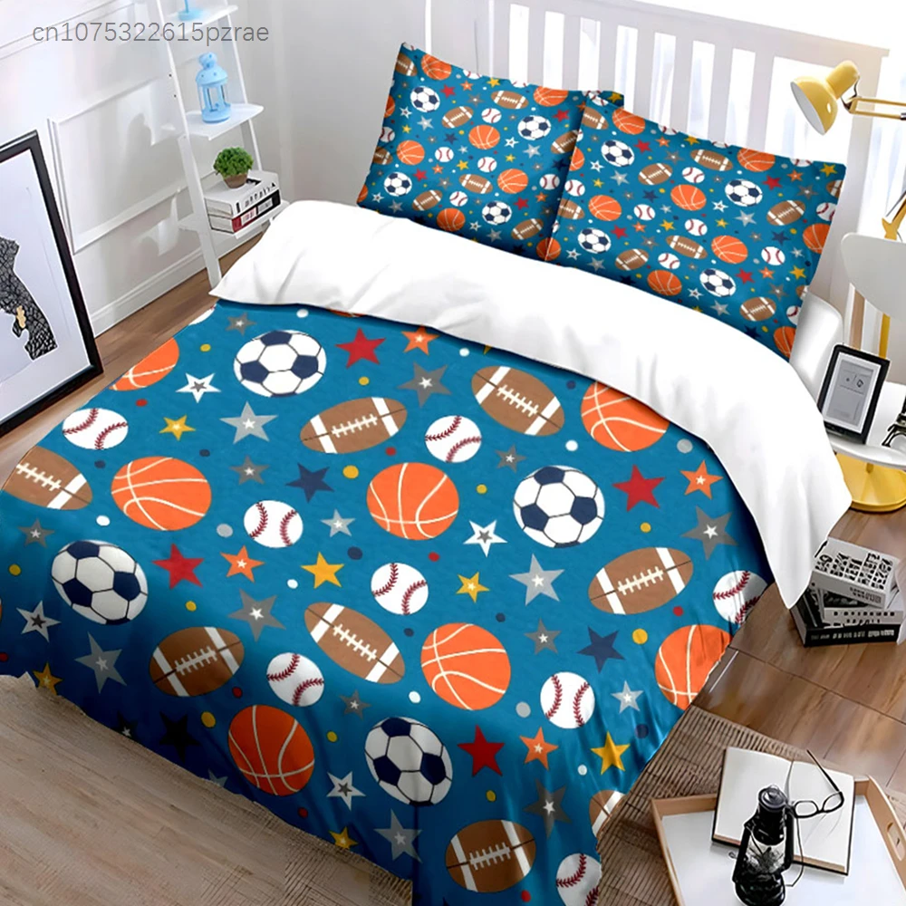 Blue Background Multi-Sport Balls Pattern 3PCS Bedding Set Soft Microfiber Bedding Set For Kids Sports Room Decor
