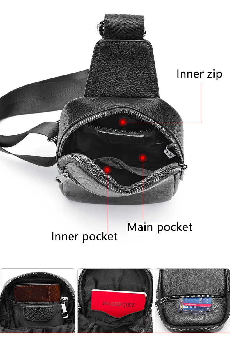 Male Chest Bags Genuine Leather Crossbody Bag Men Sling Chest Pack for Men Chest Bag Leather casual men one shoulder bag Black