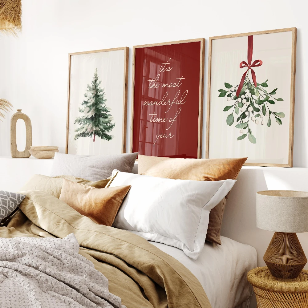 Christmas Wall Art Set of 3 Printable Winter Holiday Decor Festive Christmas Tree Canvas Poster Prints Home Living Room Decor