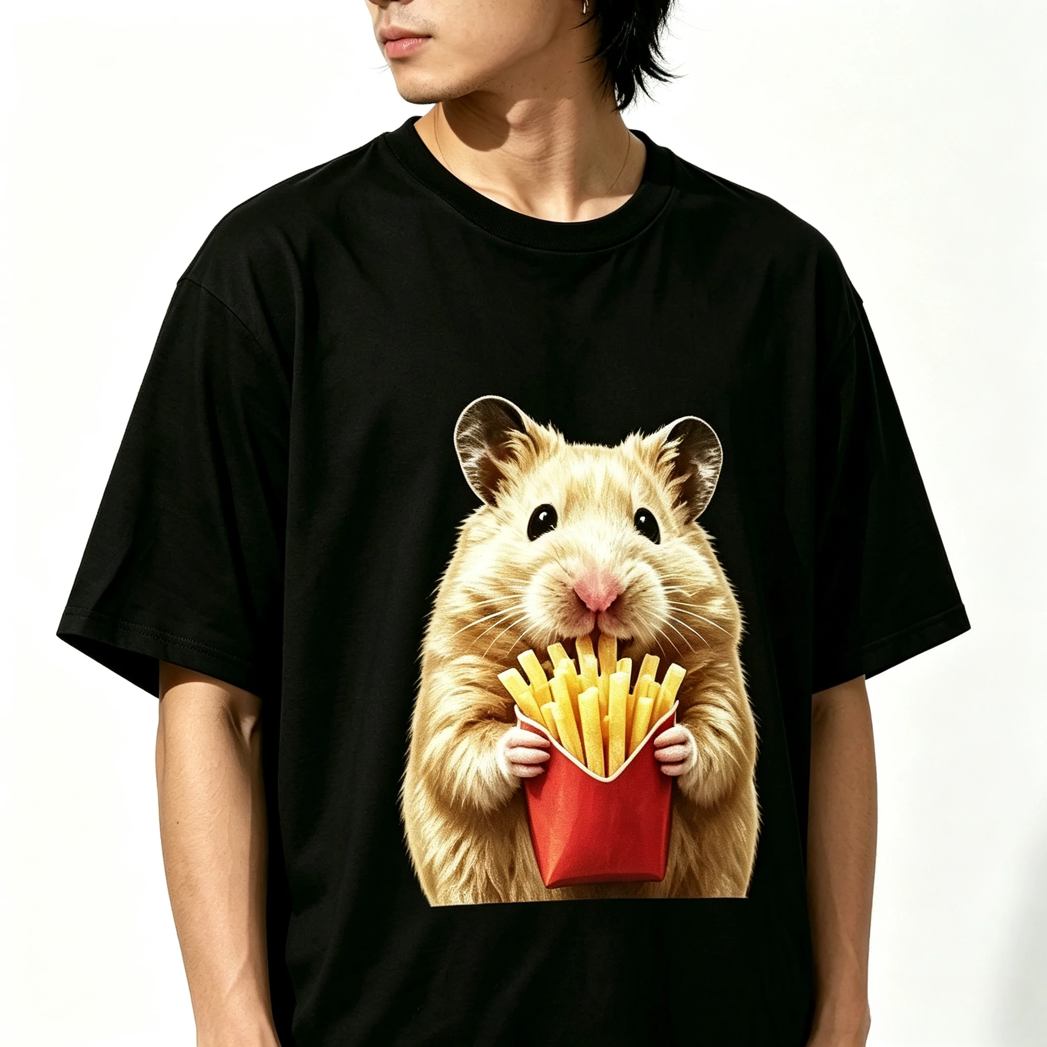 Unisex Loose Short Sleeve Modal T‑Shirt Couple Matching Outfit Cartoon Lovely Hamster With French Fries Graphic Tee