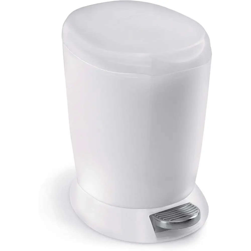 

6L White Round Bathroom Step Trash Bin, Compact Plastic Design