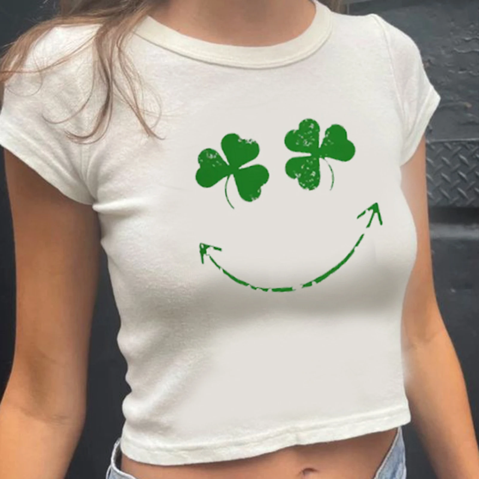 Women's St Pattys Day T-Shirt Gnome/Shamrock Print Short Sleeve Round-Neck Show Navel Tops