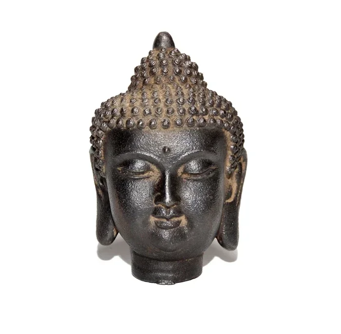 Vintage Chinese Iron Buddha Head Sculpture Carved Buddhist Statue Religious Art Desktop Ornament Home Office Display Decor