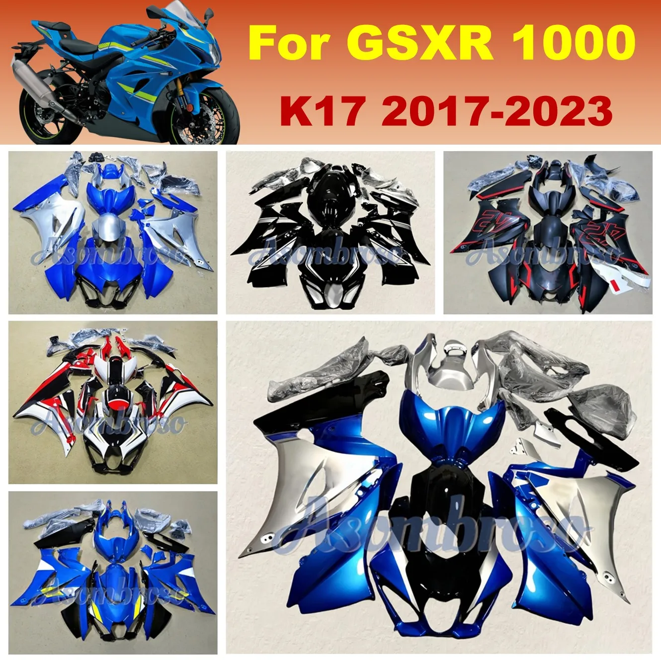 

Полный комплект обтекателей для GSXR1000 2017 2023 2018 2019 2020 2021 2022 GSXR-1000, обтекатели мотоцикла, синий, серебристый корпус