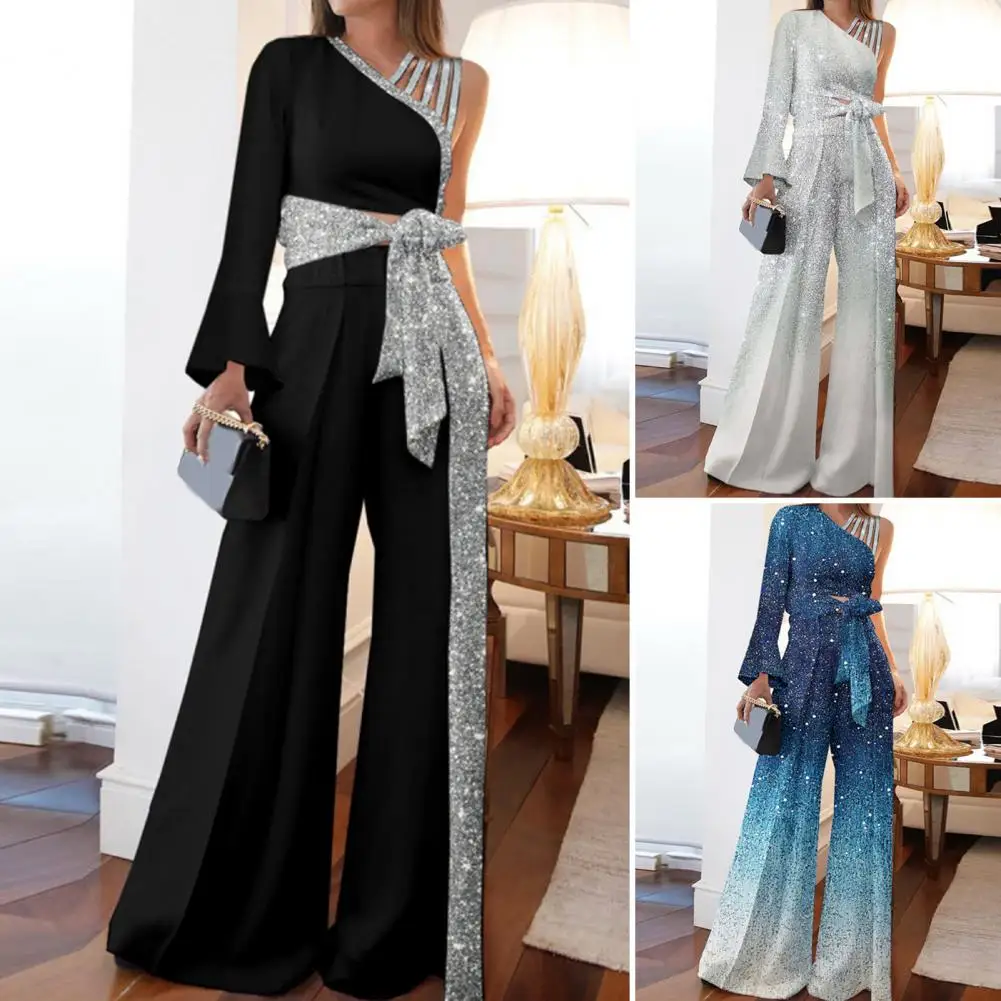 2Pcs Women Off Shoulder Bandage Suits Outfits Bandage Bowknot High Waist Wide Leg Top Patchwork Shiny Pants Set Streetwear