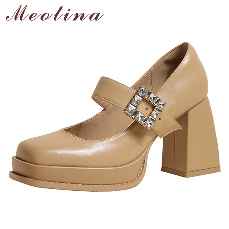 

Meotina Women Mary Janes Shoes Thick Heels Square Toe Platform Pumps Crystal Buckle High Heels Ladies Footwear Spring Apricot