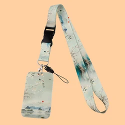 Ink Painting ID Card Holder With Lanyard Credential Holders Neck Straps Women Badge Holder Keychains Accessories