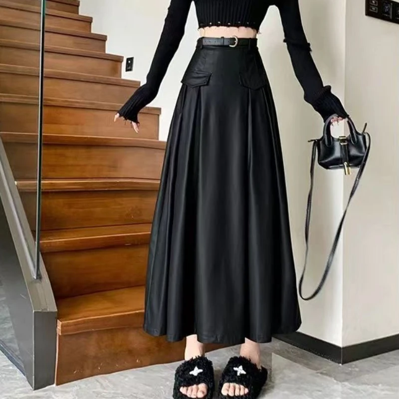 Leather Pleated Long Skirts Women Y2k Clothes American Retro Teens Gothic Streetwear Loose Vintage Faldas Largas Temper Hip Hop