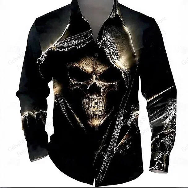 Mens Long Sleeve Button Hallloween Shirt Golden Skull 3d Print Hawaiian Shirt Men Women Fashion New Design Blouse Luxury Camisas