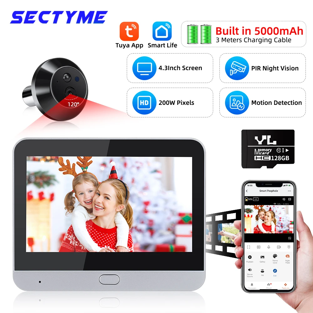 Sectyme Smart Tuya 1080P 2.4G WiFi Magic Door Camera Automatic Sensing Door Eye Camera Digital Door Viewer Wireless Doorbell